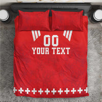 Red duvet cover set with two pillows; centered “DO YOUR TEXT” design with white rugby accents.