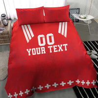 Red duvet cover set with two pillows; white rugby stripes, “DO YOUR TEXT” and cross trim.