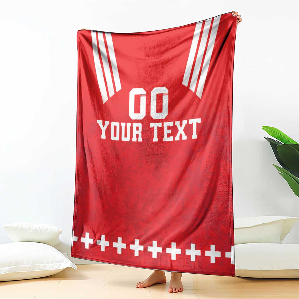 Red rugby blanket with white stripes and 'YOUR TEXT' graphic