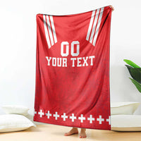 Red rugby blanket with white stripes and 'YOUR TEXT' graphic