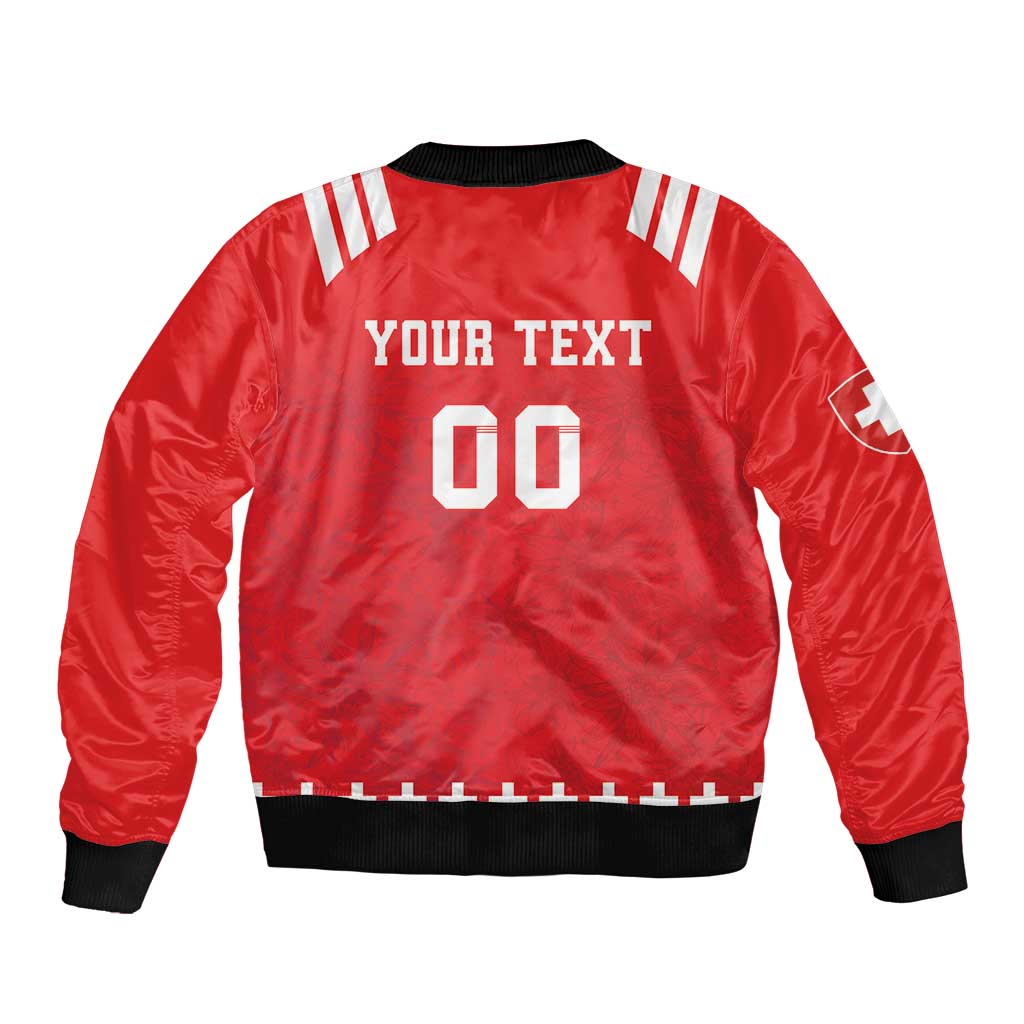 Red rugby bomber jacket back with black rib trim and white 'YOUR TEXT' graphic with '00'