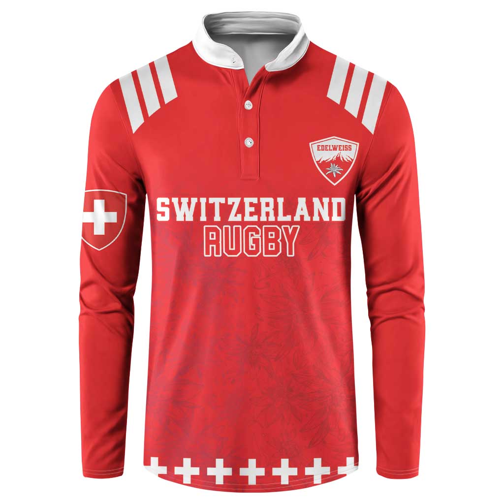 Red rugby button sweatshirt with white collar, Swiss emblem, and front graphic text