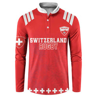 Red rugby button sweatshirt with white collar, Swiss emblem, and front graphic text