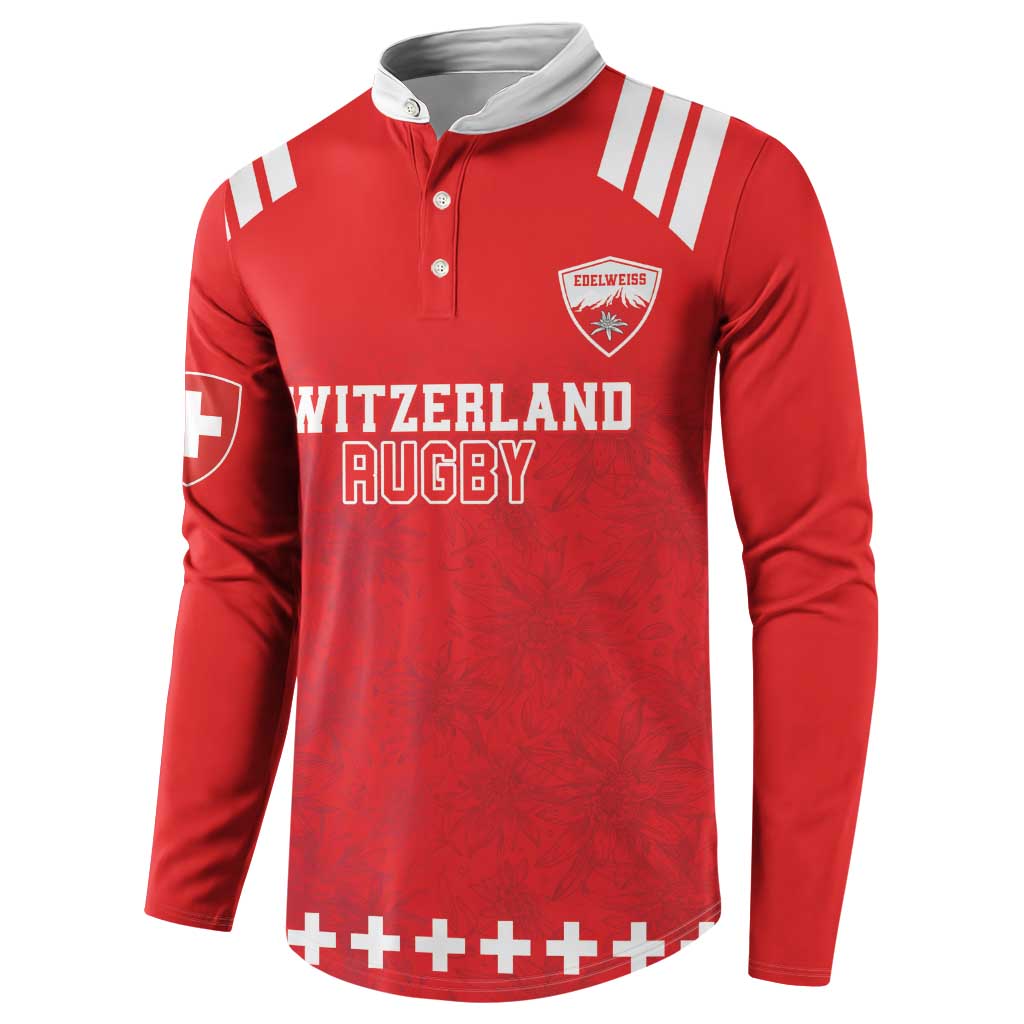 Red rugby button sweatshirt, white-trimmed collar and sleeves, front logo and text