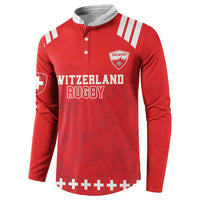 Red rugby button sweatshirt, white-trimmed collar and sleeves, front logo and text