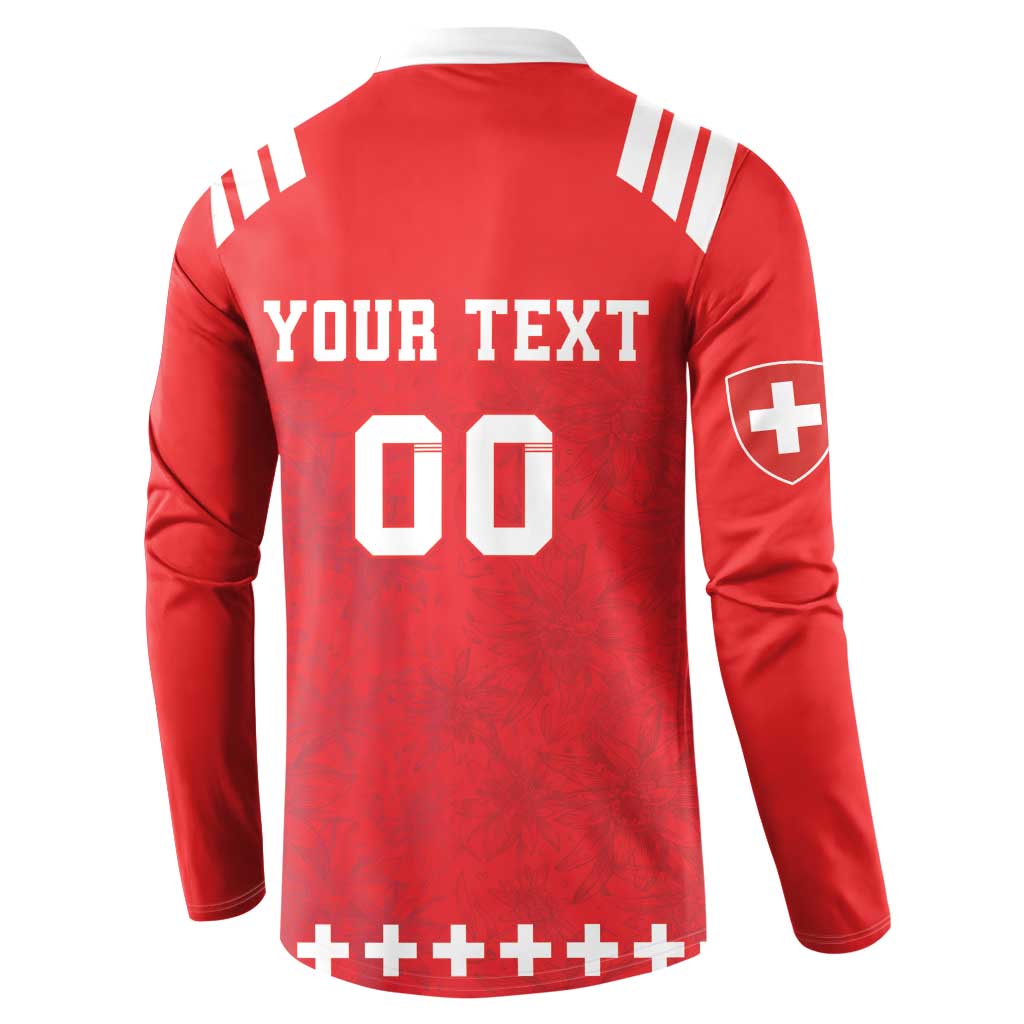 Red rugby button sweatshirt back with 'YOUR TEXT' and '00' plus white trim