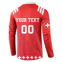 Red rugby button sweatshirt back with 'YOUR TEXT' and '00' plus white trim