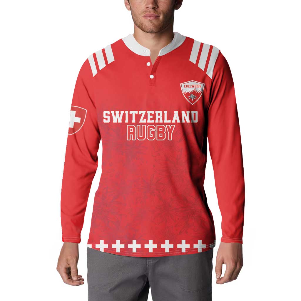 Red rugby button sweatshirt on model: white collar, Swiss badge, 'SWITZERLAND RUGBY'