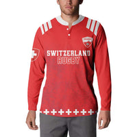 Red rugby button sweatshirt on model: white collar, Swiss badge, 'SWITZERLAND RUGBY'