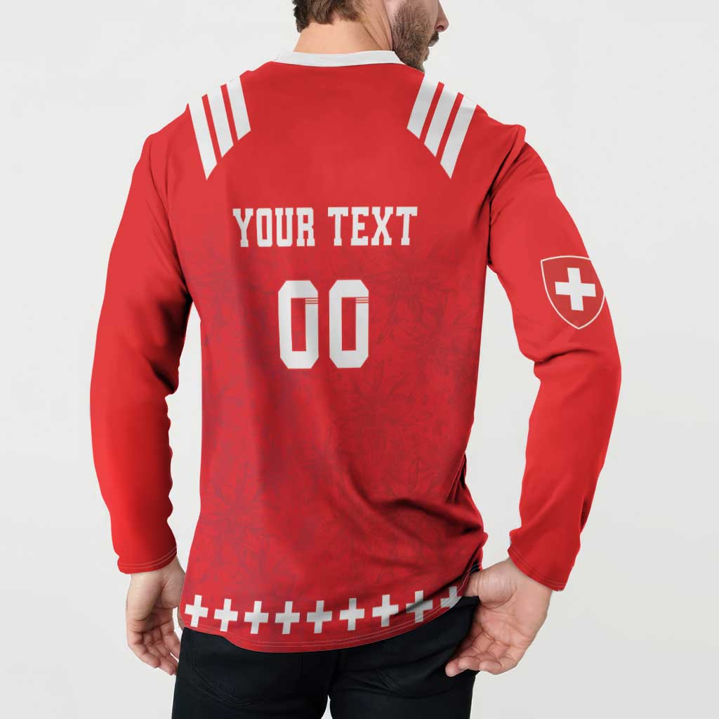 Red rugby button sweatshirt back view with 'YOUR TEXT' '00' and white cross patch