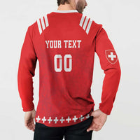 Red rugby button sweatshirt back view with 'YOUR TEXT' '00' and white cross patch