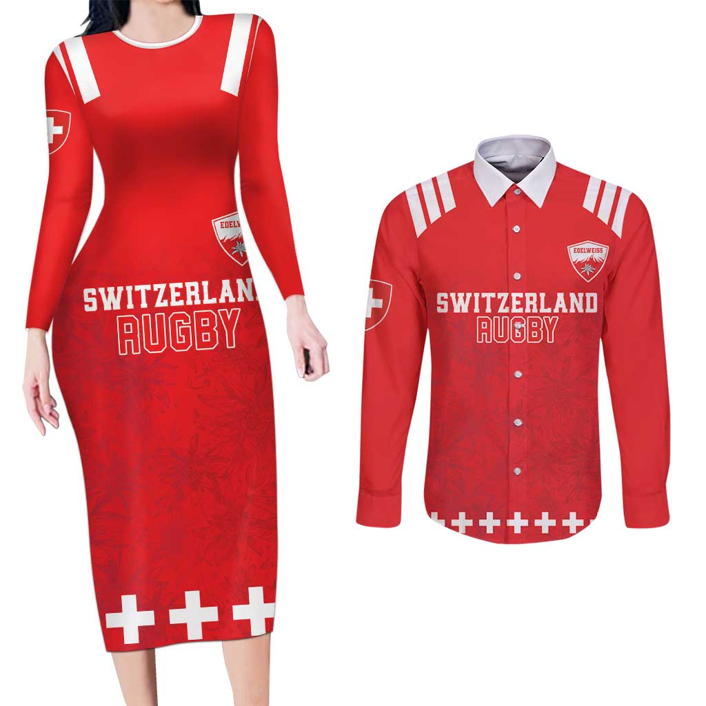 Custom Switzerland Rugby Couples Matching Long Sleeve Bodycon Dress and Long Sleeve Button Shirt Edelweis Pattern