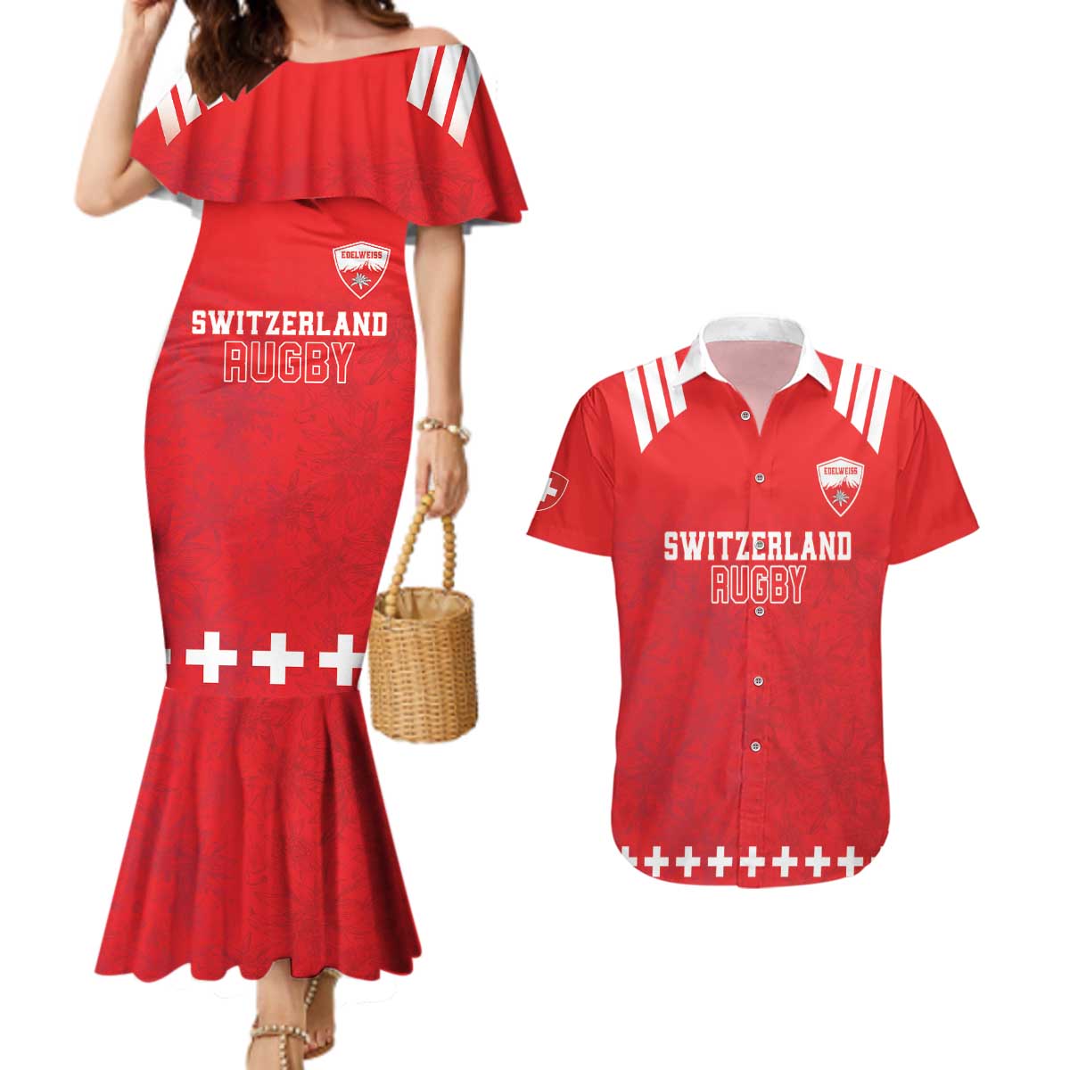 Custom Switzerland Rugby Couples Matching Mermaid Dress and Hawaiian Shirt Edelweis Pattern