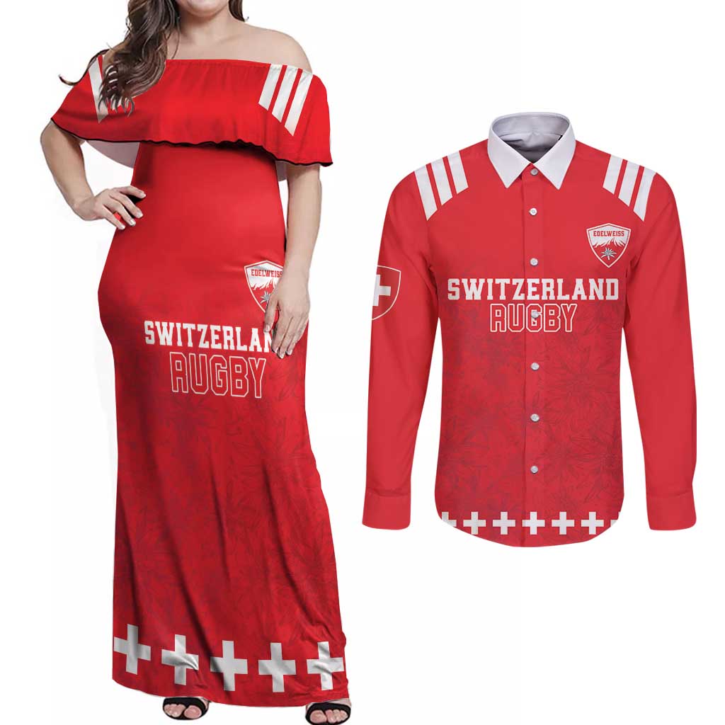 Custom Switzerland Rugby Couples Matching Off Shoulder Maxi Dress and Long Sleeve Button Shirt Edelweis Pattern