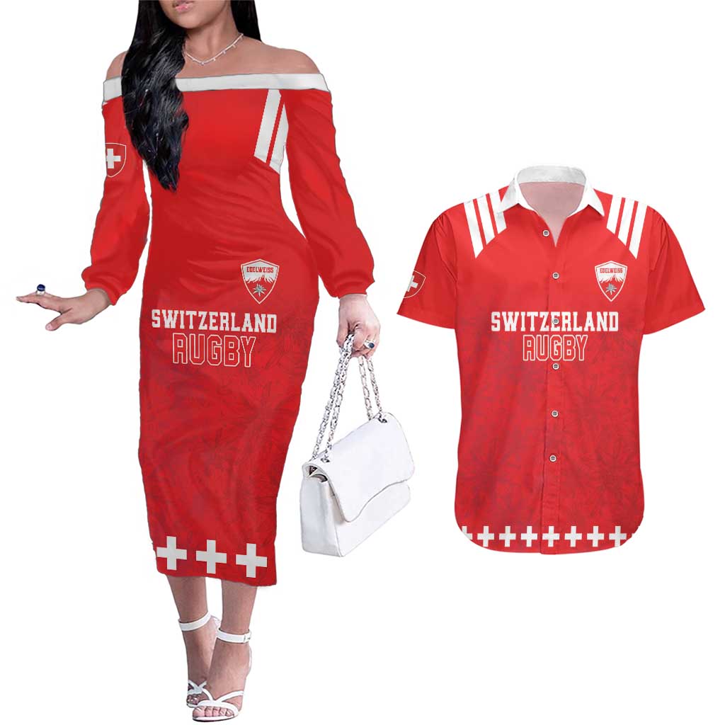 Custom Switzerland Rugby Couples Matching Off The Shoulder Long Sleeve Dress and Hawaiian Shirt Edelweis Pattern