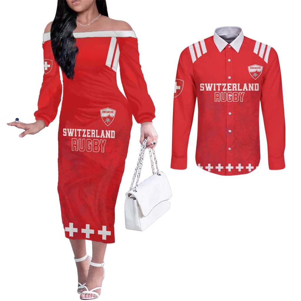 Custom Switzerland Rugby Couples Matching Off The Shoulder Long Sleeve Dress and Long Sleeve Button Shirt Edelweis Pattern