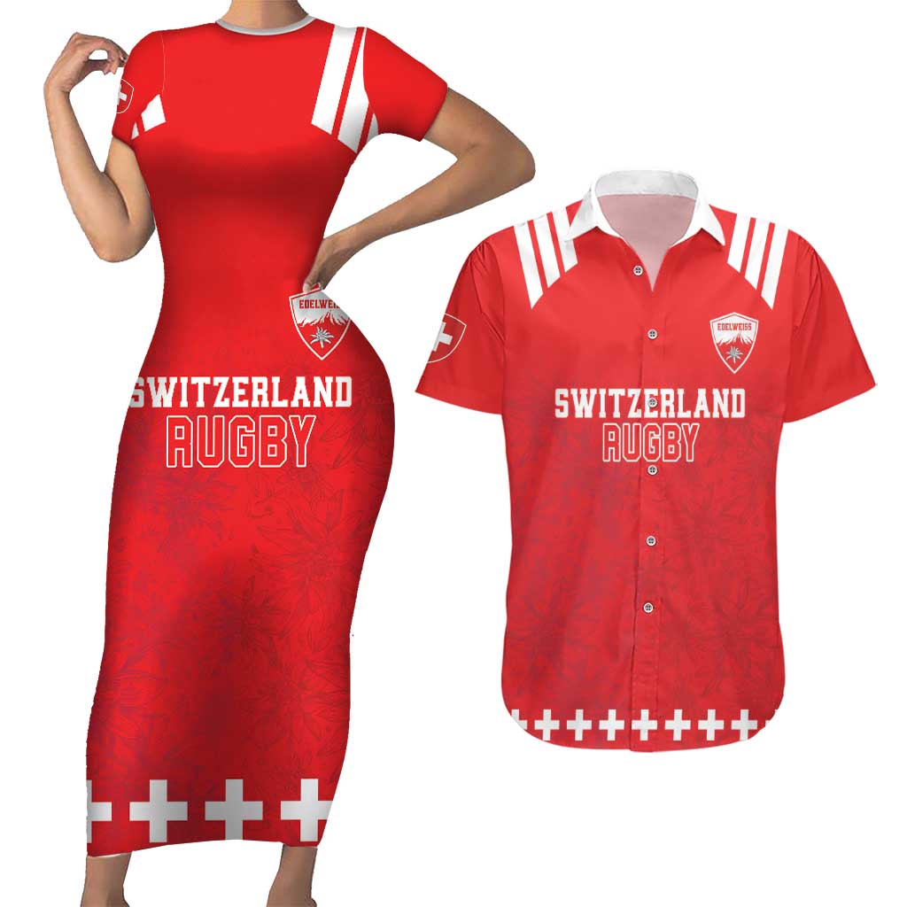 Custom Switzerland Rugby Couples Matching Short Sleeve Bodycon Dress and Hawaiian Shirt Edelweis Pattern