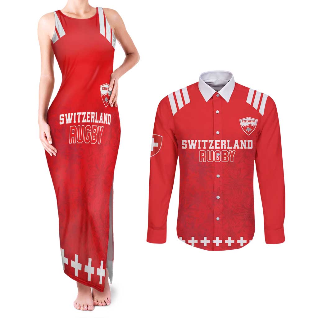 Custom Switzerland Rugby Couples Matching Tank Maxi Dress and Long Sleeve Button Shirt Edelweis Pattern