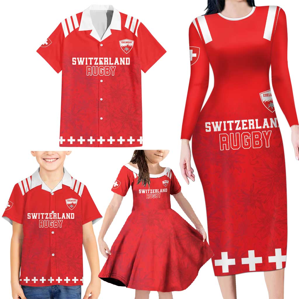 Custom Switzerland Rugby Family Matching Long Sleeve Bodycon Dress and Hawaiian Shirt Edelweis Pattern