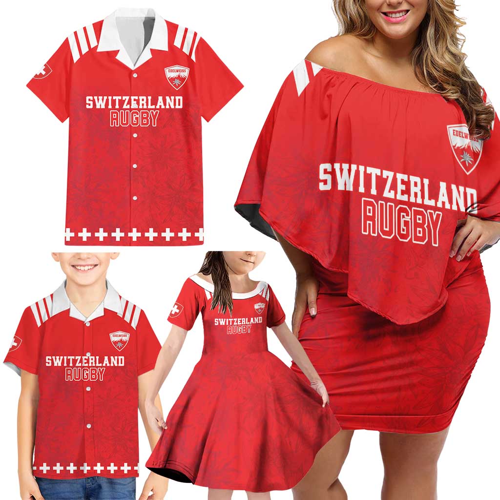 Custom Switzerland Rugby Family Matching Off Shoulder Short Dress and Hawaiian Shirt Edelweis Pattern