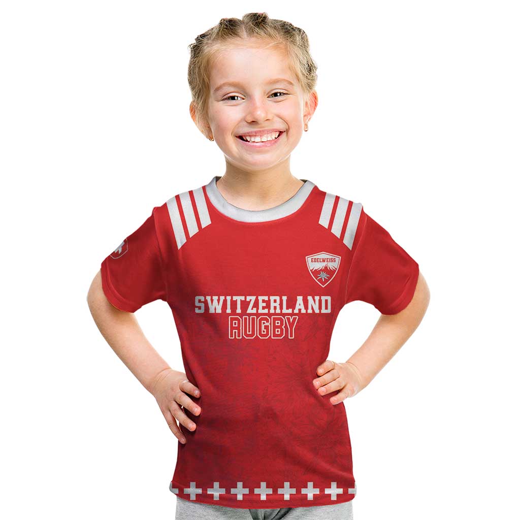 Custom Switzerland Rugby Kid T Shirt Edelweis Pattern - Wonder Print Shop