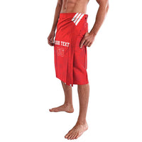 Red rugby lavalava skirt with side slit, white diagonal stripes, YOUR TEXT 00 graphic