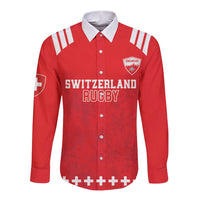 Red long-sleeve rugby button shirt with white collar, Switzerland Rugby print and crest