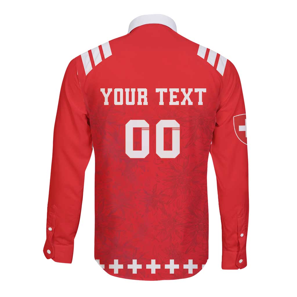 Red long-sleeve rugby button shirt, back print 'YOUR TEXT' and number 60