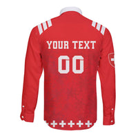 Red long-sleeve rugby button shirt, back print 'YOUR TEXT' and number 60