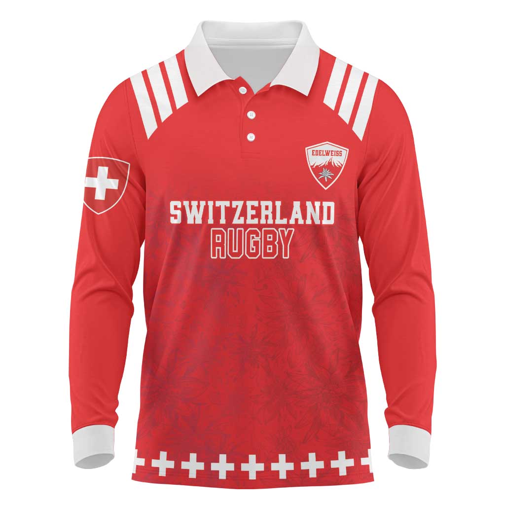 Custom Switzerland Rugby Long Sleeve Polo Shirt Edelweis Pattern - Wonder Print Shop