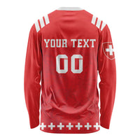 Red unisex rugby long-sleeve shirt back print with YOUR TEXT and number 00