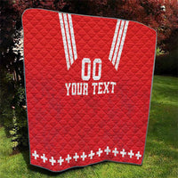 Red rugby quilt blanket with white V stripes, “00” and “YOUR TEXT,” plus sign bottom border
