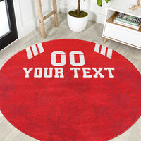 Red round area rug with white “YOUR TEXT” graphic and central “00” blocks