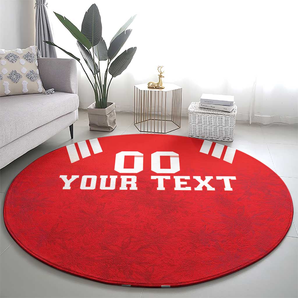 Red round rug with white “YOUR TEXT” title and “00” graphic blocks