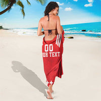 Red custom rugby sarong with white stripes and 'YOUR TEXT' print, back view