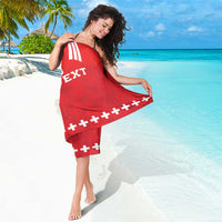 Red custom rugby sarong with white stripes and partial 'TEXT' print