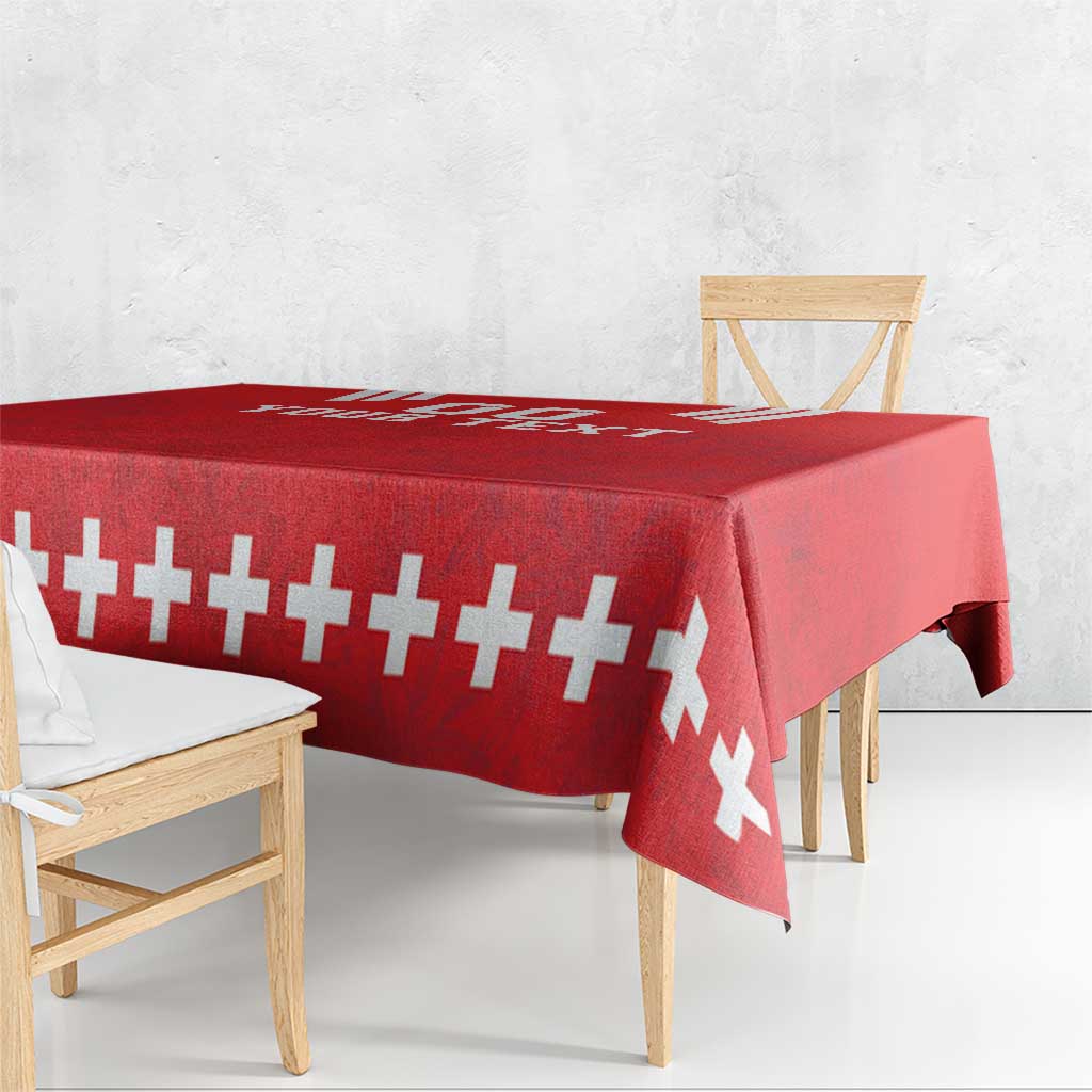Red rugby tablecloth with white cross stripe pattern, overhang on dining bench