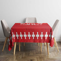 Red rugby tablecloth with white cross stripe pattern and partial "YOUR TEXT"