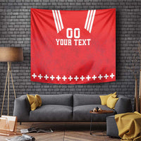 Red rugby tapestry with '00 YOUR TEXT' and white diagonal stripes plus border pattern