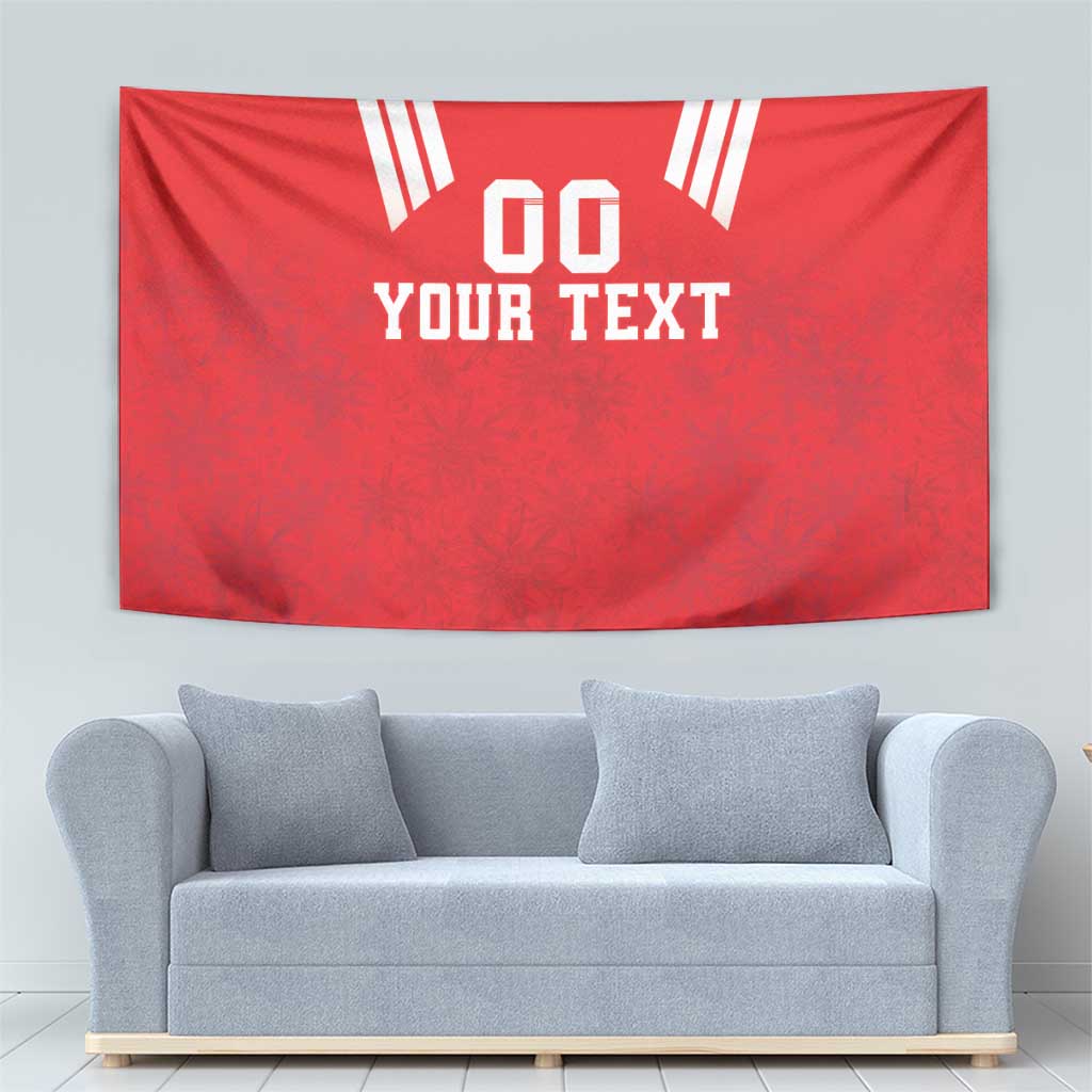 Red rugby tapestry featuring '00 YOUR TEXT' with white diagonal stripes and plus edging