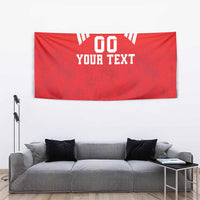 Red rugby tapestry with '00 YOUR TEXT' in white, diagonal stripe details, plus border