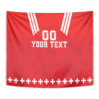 Red rugby tapestry close view: '00 YOUR TEXT' with white diagonal stripes and plus bottom row