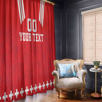 Red window curtain panel with 'YOUR TEXT' and white rugby stripe crest
