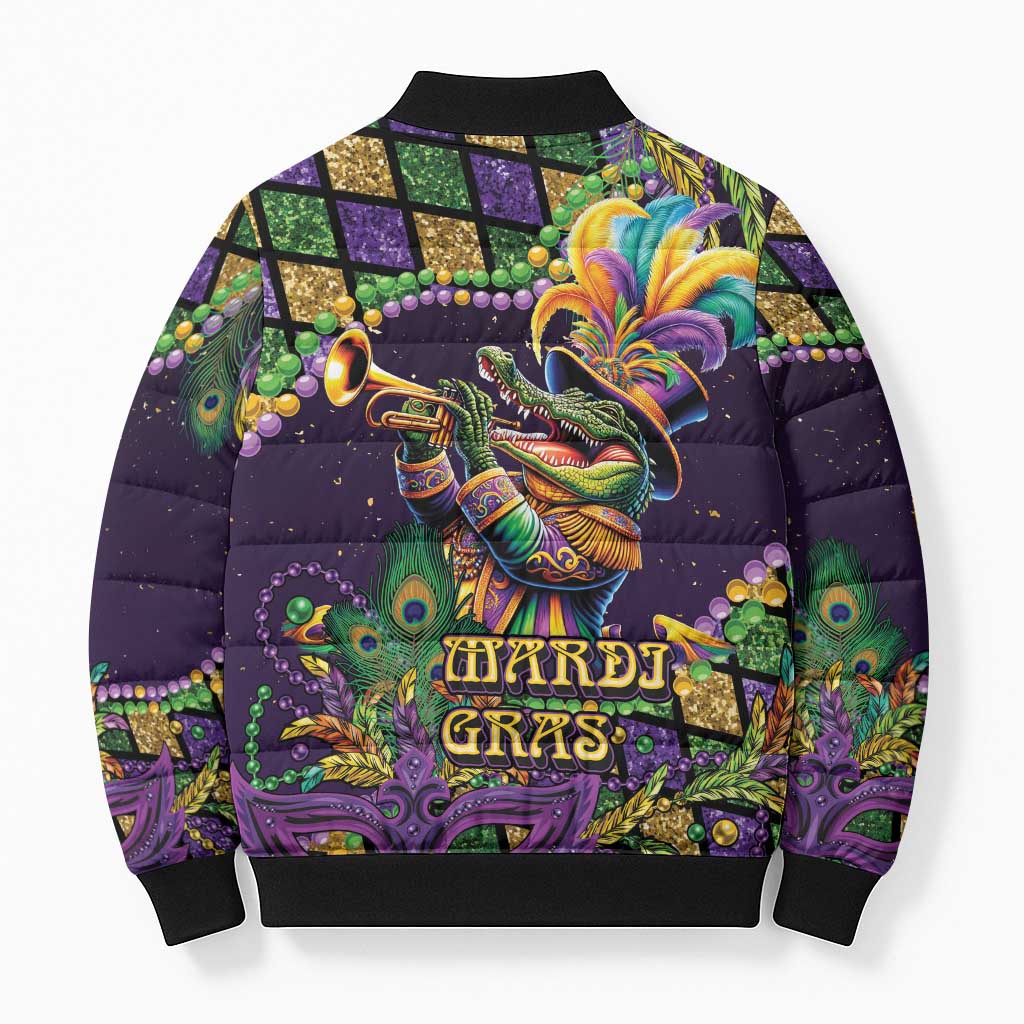 Mardi Gras Alligator Bomber Puffer Jacket Let the Gator Jazz Roll - Wonder Print Shop