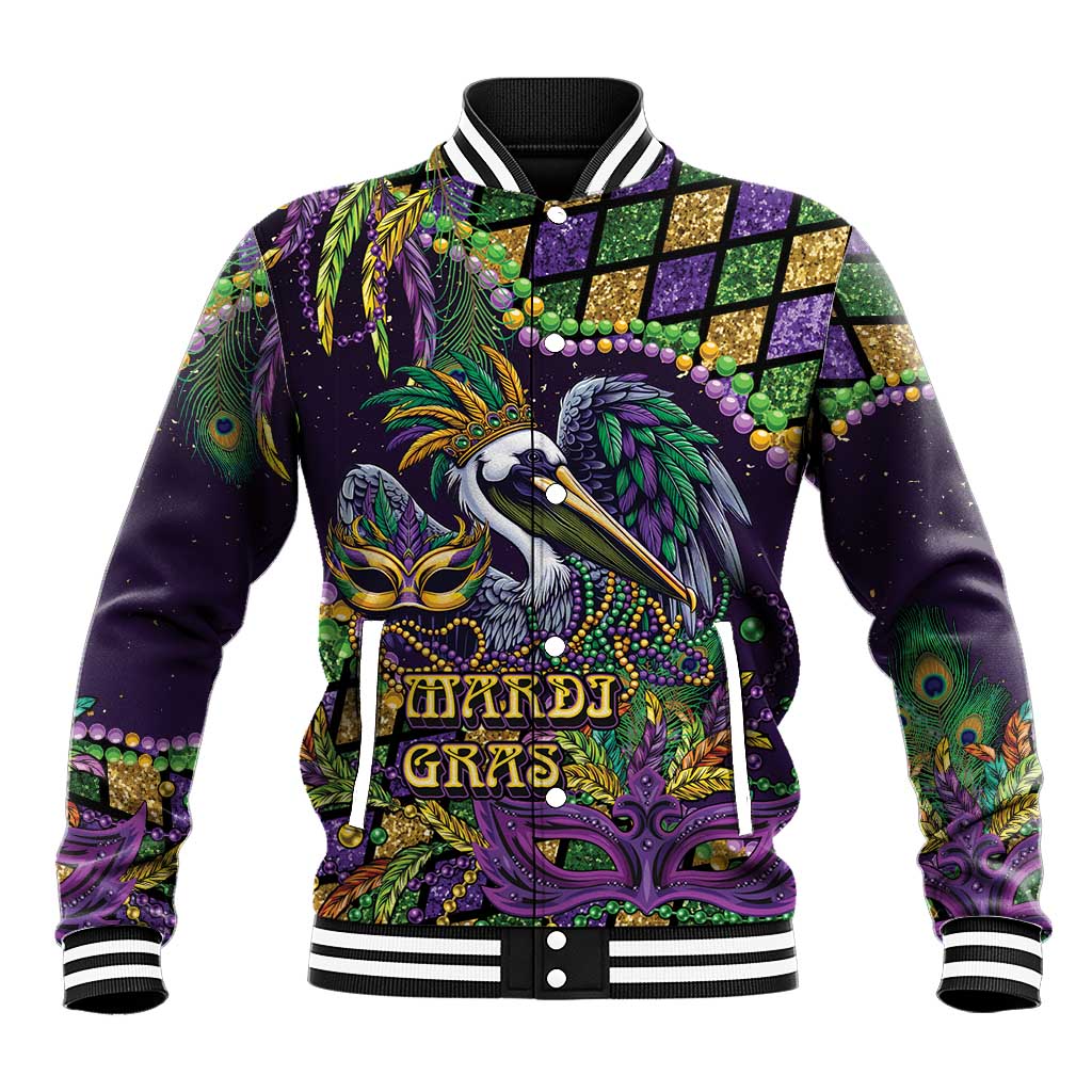 Mardi Gras Pelican Baseball Jacket Crowned Feathers Carnival Reign - Wonder Print Shop