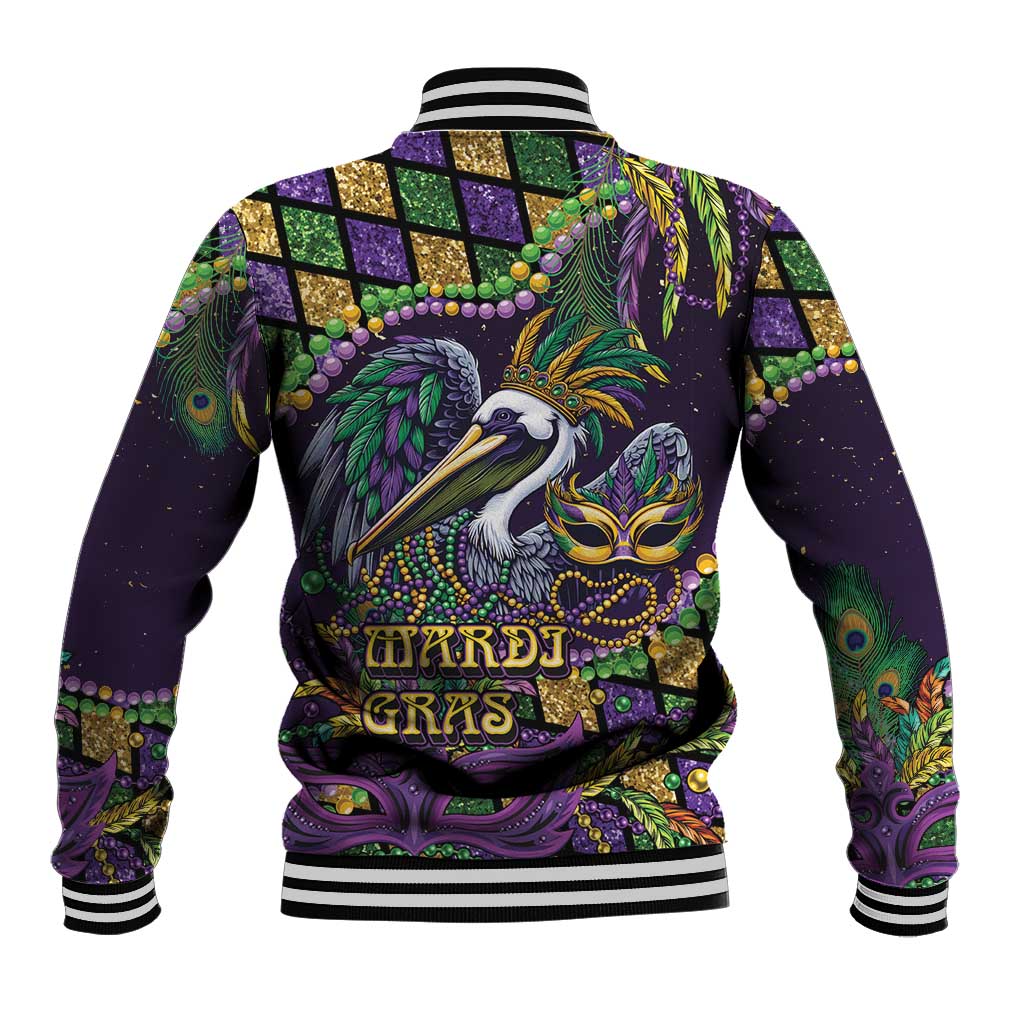 Mardi Gras Pelican Baseball Jacket Crowned Feathers Carnival Reign - Wonder Print Shop