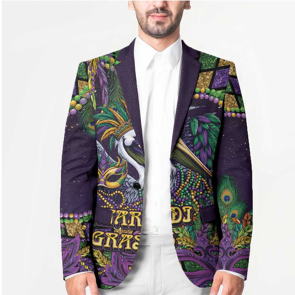 Mardi Gras Pelican Blazer Crowned Feathers Carnival Reign - Wonder Print Shop