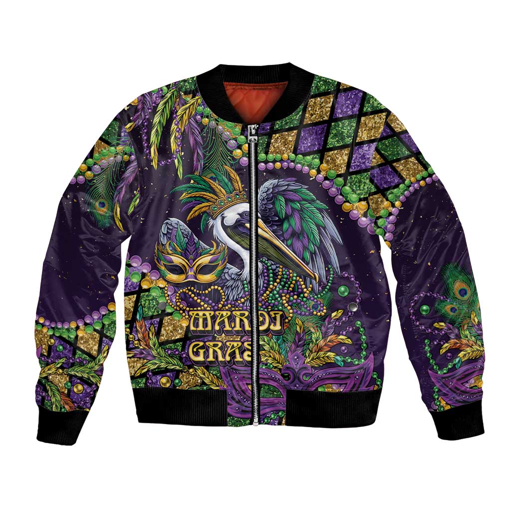 Mardi Gras Pelican Bomber Jacket Crowned Feathers Carnival Reign - Wonder Print Shop