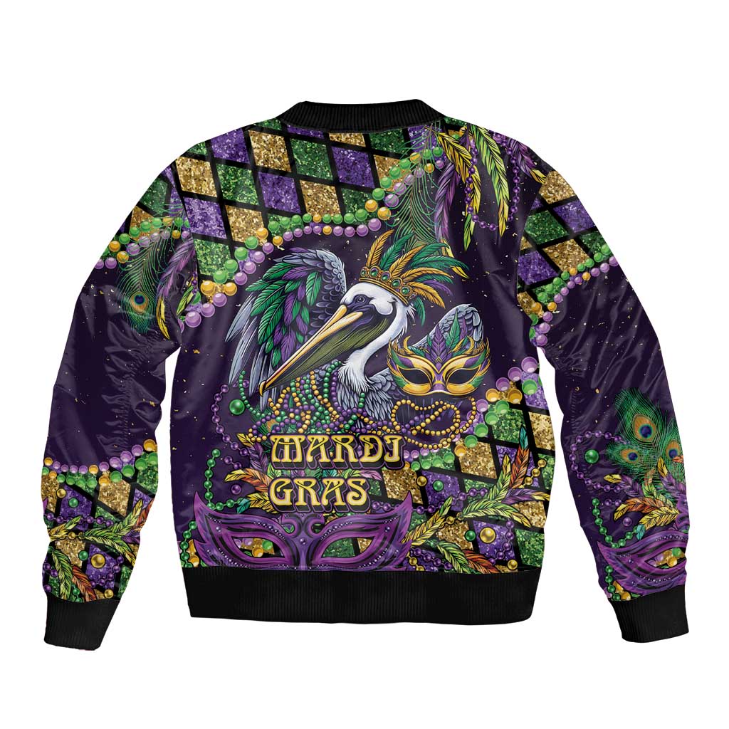 Mardi Gras Pelican Bomber Jacket Crowned Feathers Carnival Reign - Wonder Print Shop