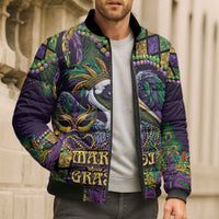 Mardi Gras Pelican Bomber Puffer Jacket Crowned Feathers Carnival Reign - Wonder Print Shop